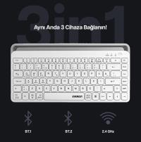 Everest KB-BT66 Beyaz 2.4G+BT1+BT2 üçü bir arada 3 in 1 Q Kablosuz klavye